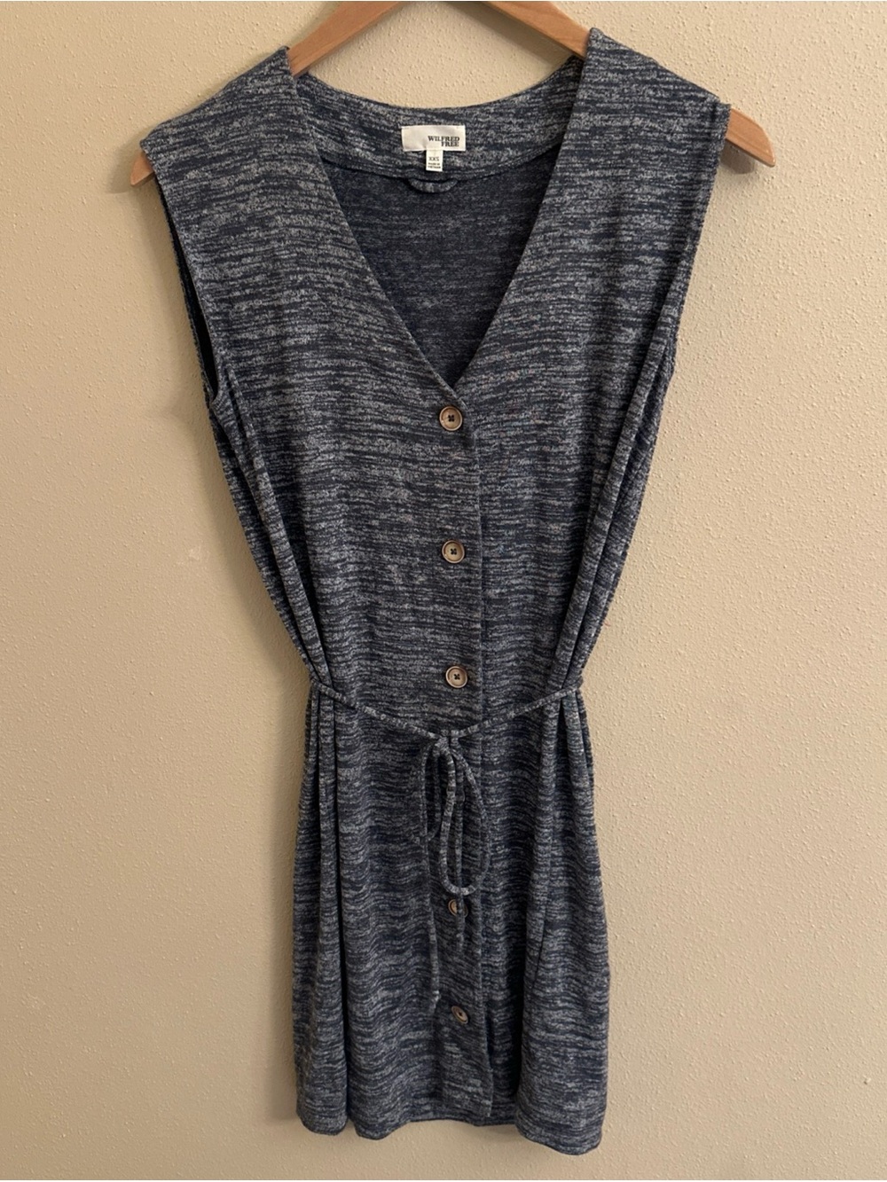 Wilfred Free Aritzia Gray Button Front Tie Waist V Neck Dress Boho Festival XXS